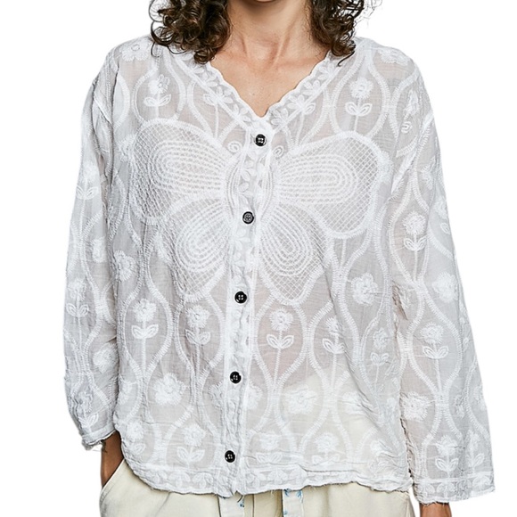 POL Tops - 267. POL White Cotton Embroidery Lace Button-Up Blouse NWT